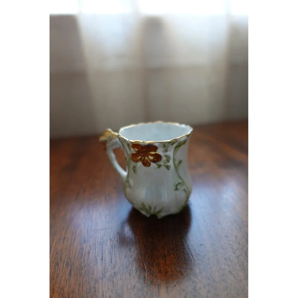 Vintage Miniature Porcelain Demitasse Cup White Gold Shamrock Clover Collectible